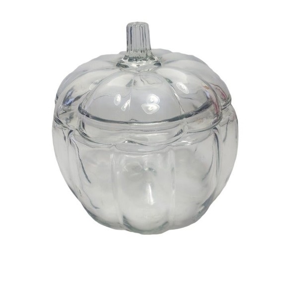 Vintage Anchor Hocking Clear Glass Pumpkin Candy Cookie Jar With Lid - Picture 4 of 4